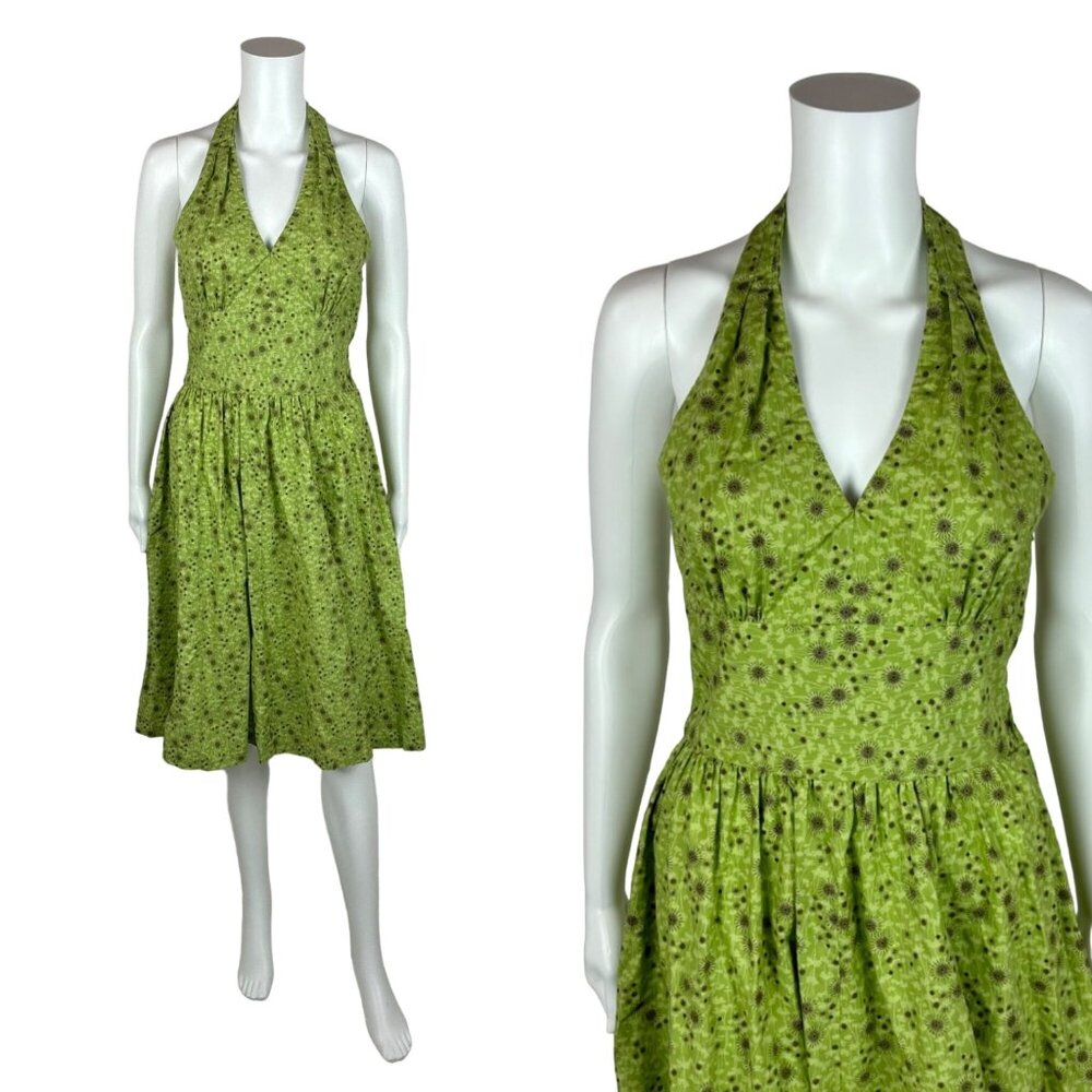 Vintage 50s Style Dress Women's XXS Atomic Starbursts Print Lime Gold Halter Sun